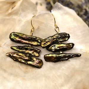 Genuine Keshi Green Metallic Stick Earrings In Gold Plated